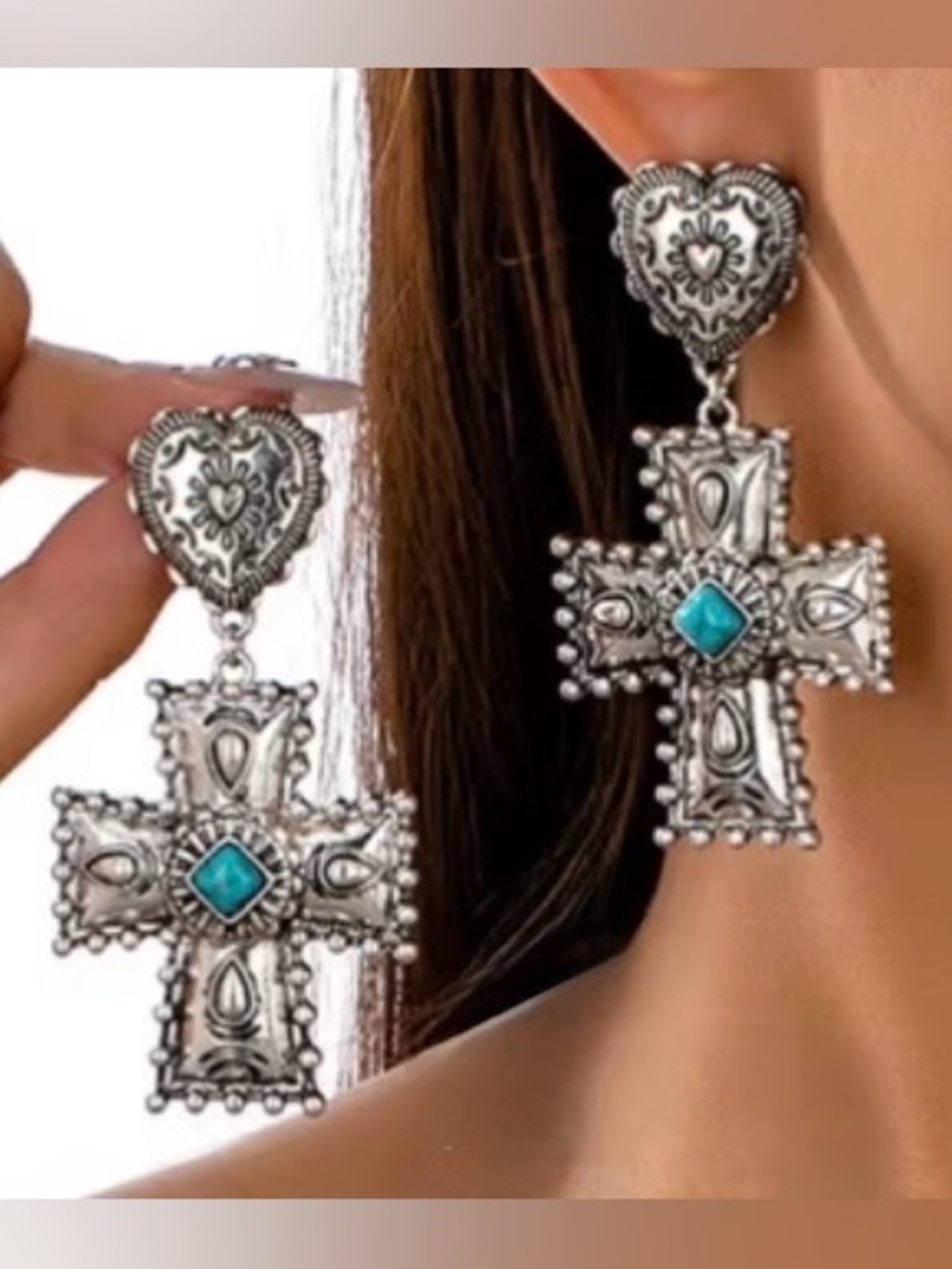 Western Silver Heart-Top Cross Drop Earrings with Turquoise Accent Cowgirl - Picture 4 of 6